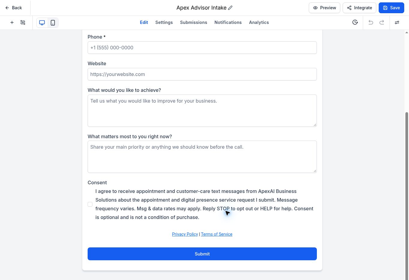 Saved PLP Advisor Intake form showing the phone field, optional unchecked SMS consent checkbox, complete SMS disclosure, and Privacy Policy and Terms of Service links.